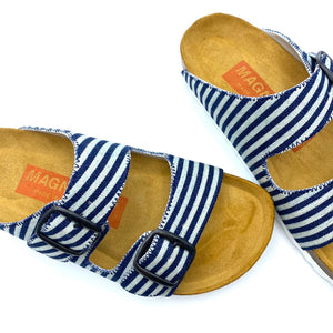 Thora 2-buckle Sandals | Japanese Indigo Stripe Denim
