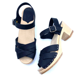 Louise Mid-heel Clog Sandals | Black Nubuck