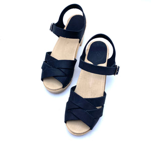 Louise Mid-heel Clog Sandals | Black Nubuck