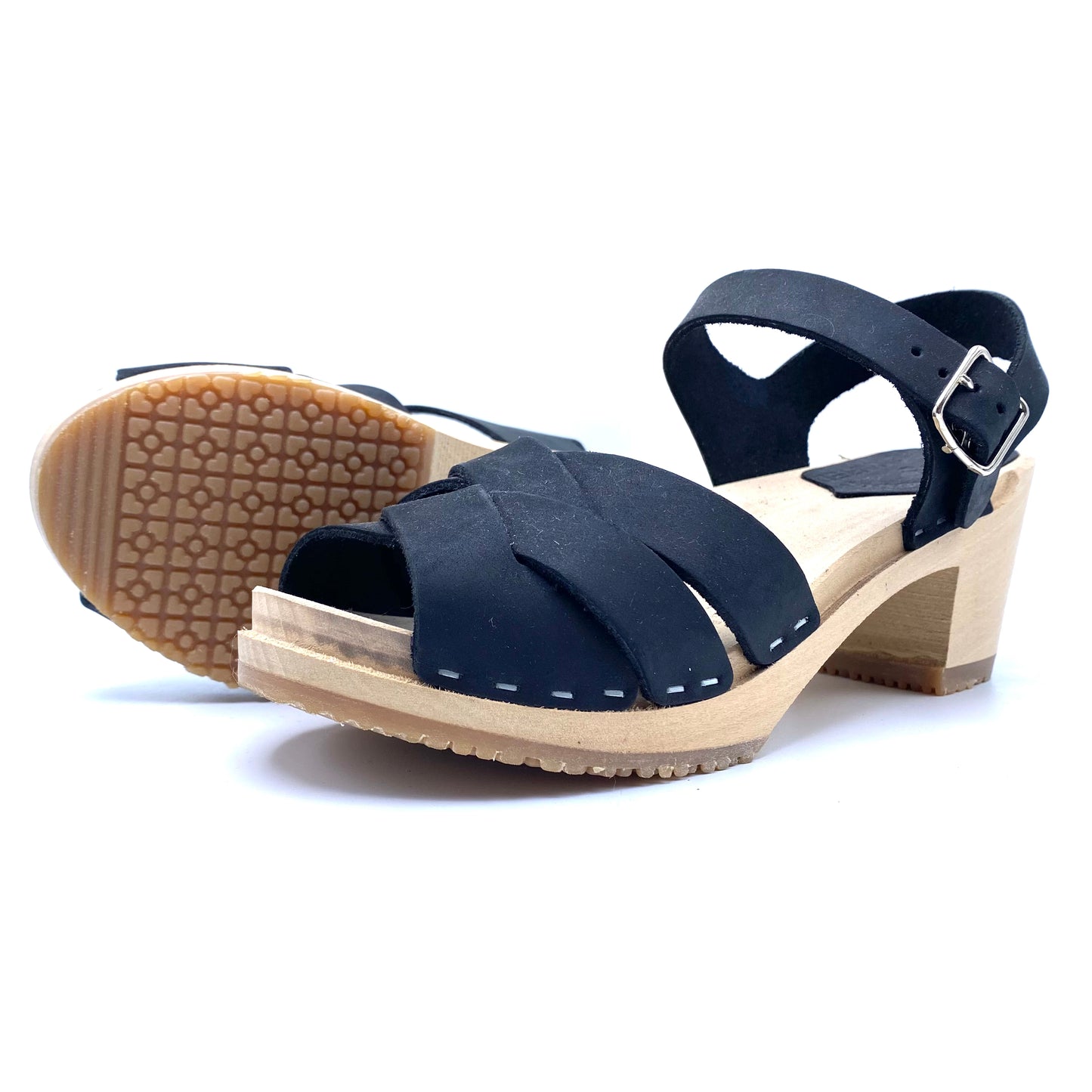 Louise Mid-heel Clog Sandals | Black Nubuck